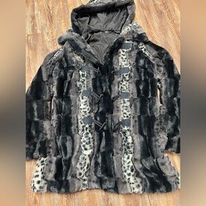 Black and grey animal print faux fur hooded reversible coat